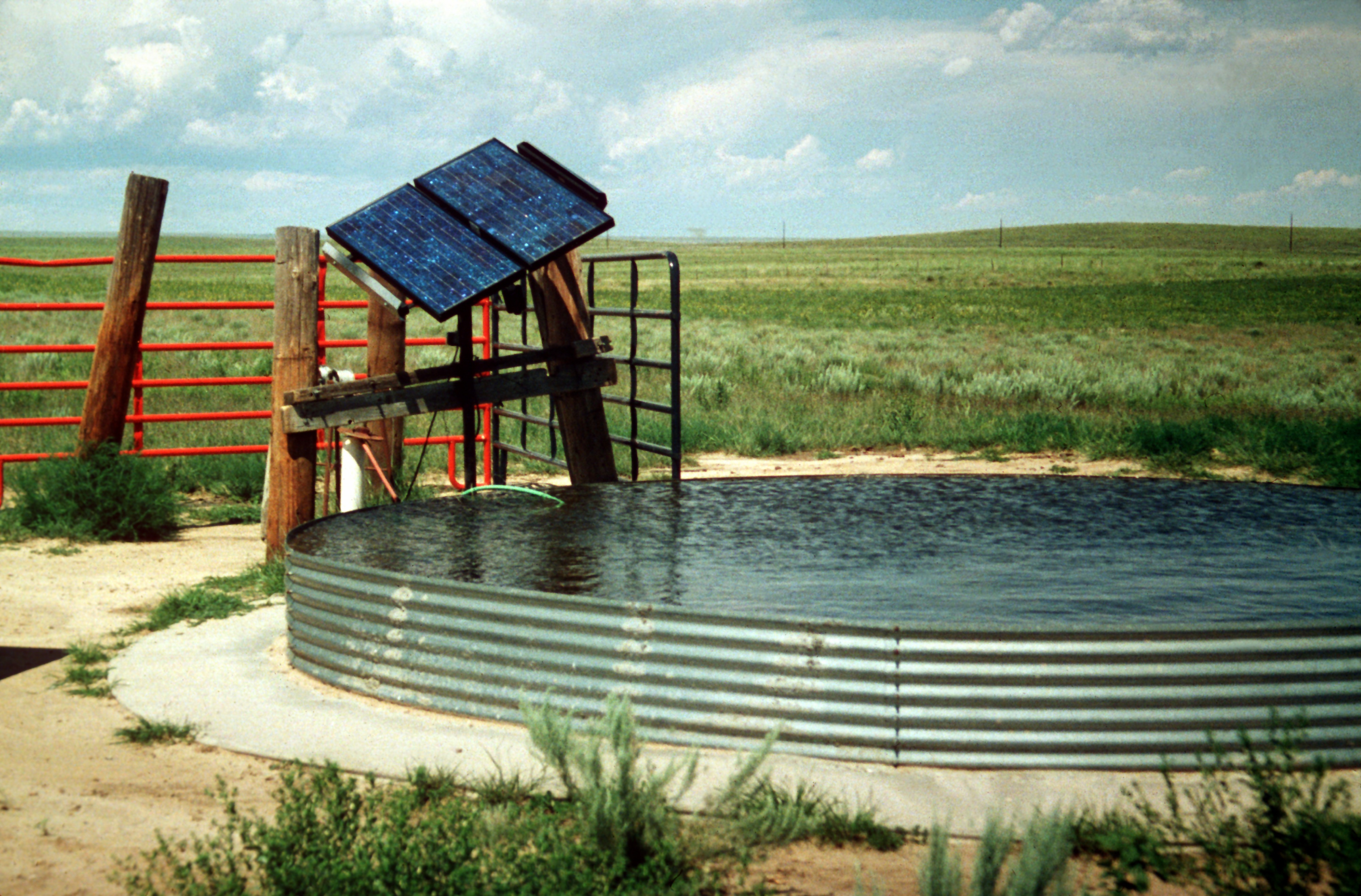 Image of how a solar photovoltaic water pumping system for livestock in a remote location.